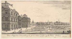 Näkymä Luxemburgiin Palais dOrleansin puutarhan puolelta, osoitteesta Various views of..., 1649-51. tekijältä Stefano della Bella