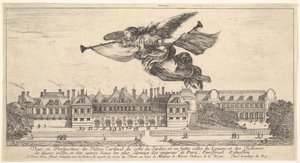 Näkymä Palais Cardinalille, Fame-hahmo ylhäällä keskellä lentää kohti vasenta..., 1649-51. tekijältä Stefano della Bella