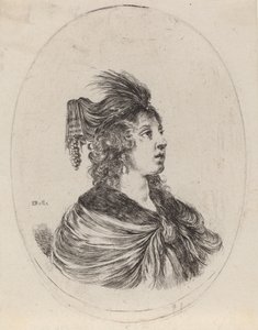 Nainen höyhenturbaanissa, käännetty oikealle, 16491650. tekijältä Stefano della Bella
