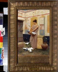 Femme et colombes (nainen kyyhkysillä). Stepan (Stefan) Vladislavovich Bakalovich (1857-1947) maalaus. Huile sur bois. Alueellinen M. Vrubelin taidemuseo, Omsk