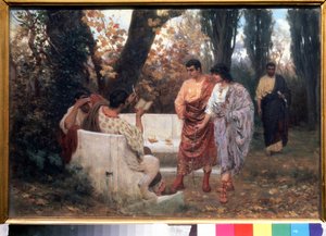 Roomalainen runoilija Catullus (87-54 eKr.) lukee runoaan (roomalainen runoilija Catullus lukee runoaan). Stepan Vladislavovich Bakalovich (1857-1947) maalaus. Öljy kankaalle, 26,8 x 39 cm