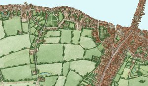 Bankside ja Southwark, Lontoo, noin 1600-25, 2021 (tussi ja akvarelli, digitaalinen) tekijältä Stephen Conlin
