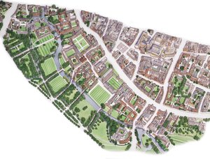 Cambridge Aerial View (piirretty 1996), n.1990-2005 (tussi ja akvarelli) (tussi ja akvarelli) tekijältä Stephen Conlin