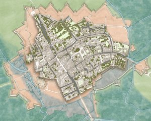 Moderni Oxford sisällissodan aikaisen puolustuksen yllä, noin 1644-1646 (tussi, akvarelli, digitaalinen editointi). tekijältä Stephen Conlin