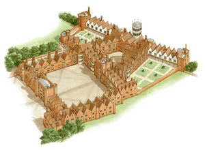 Oatlandsin palatsi, Surrey, noin 1540-1600 (tussi ja akvarelli).