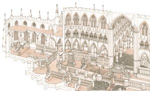 Westminster Abbeyn kappeli kuningas Henrik IV:n kruunajaisten aikaan vuonna 1399, 2023 (tussi ja akvarelli). tekijältä Stephen Conlin