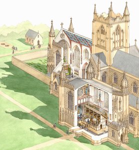 Walsinghamin luostari, Norfolk, noin 1500-1535 (tussi ja akvarelli paperille).
