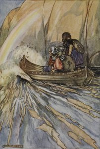 "Kanna meidät nopeasti, Mananan-vene, Hesperides-puutarhaan, kuva T.W. Rolleston (väri litho) tekijältä Stephen Reid