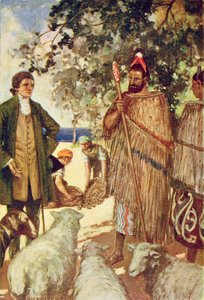 Kapteeni Cook (1728-79) esittelee alkuasukkaille lampaita ja vuohia, kuvituksen T.C.:n teoksesta The Book of Discovery. Sillat, julkaistu 1931 (värilitho) tekijältä Stephen Reid