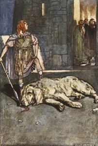 Cuchalain tappaa Culainin koiran, kuva Eleanor Hullin (1860-1935) teoksesta "Cuchulain, The Hound of Ulster"