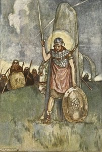 Cuchulain kuolee vihdoinkin, kuva Eleanor Hullin (1860-1935) teoksesta "Cuchulain, The Hound of Ulster" tekijältä Stephen Reid