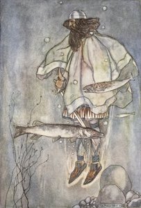 Fergus laskeutuu järveen, kuva T.W.:n teoksesta The High Deeds of Finn, and other Bardic Romances of Ancient Ireland. Rolleston (väri litho) tekijältä Stephen Reid