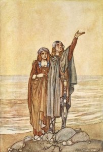"Seuraa minua nyt Allenin kukkulalle", kuvitus teoksesta "The High Deeds of Finn, and other Bardic Romances of Ancient Ireland", kirjoittanut T.W. Rolleston (väri litho) tekijältä Stephen Reid
