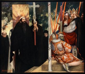Ethelbertin Pyhän Augustinuksen vastaanotto, kuvitus Winifred M. Lettsin teoksesta "The Mighty Army", pub. 1912 (väri litho) tekijältä Stephen Reid