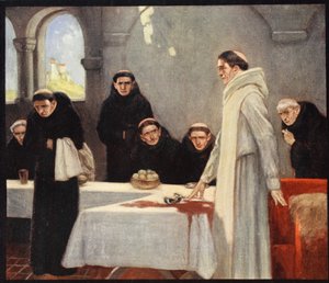 Saint Benedict and the Monks, kuvitus teoksesta "Helmet & Cowl: Stories of Monastic and Military Orders" W.M. Letts ja M.F.S. Letts tekijältä Stephen Reid