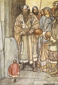 He kaikki, herrat ja naiset, lähtivät katsomaan pikkumiestä, kuvitusta T.W.:n teoksesta The High Deeds of Finn, and other Bardic Romances of Ancient Ireland Rolleston (väri litho) tekijältä Stephen Reid