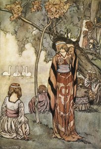 He tekivät leirin ja joutsenet lauloivat heille, kuva T.W.:n teoksesta The High Deeds of Finn, and other Bardic Romances of Ancient Ireland. Rolleston (väri litho) tekijältä Stephen Reid