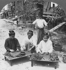 Naisten polttamien valtavien sikarien valmistus, Burma, 1908 tekijältä Stereo Travel Co