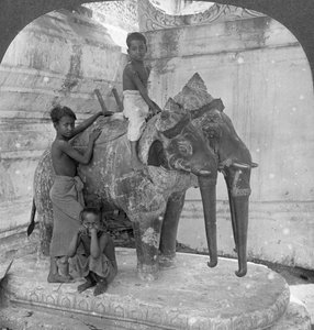 Kolmipäinen norsu vartioi pyhäkköä, Arakan Pagoda, Mandalay, Burma, 1908.