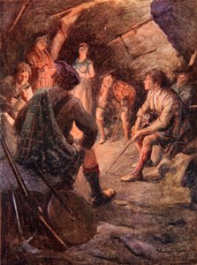 Aseistetut ylämaan asukkaat istuvat tulen ympärillä ja suunnittelevat Bonnie Prince Charliea