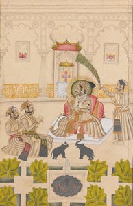 Maharana Amar Singh II on esillä kaksi hopeaelefanttia, n. 1705. tekijältä Stipple Master