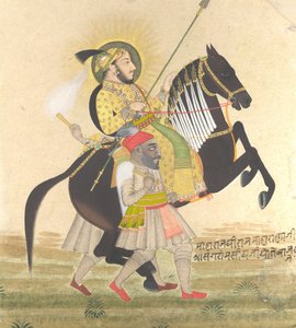 Maharana Sangram Singh ratsastaa palkintoorilla, n. 1712. tekijältä Stipple Master
