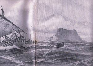 Saksalainen sukellusvene matkalla Gibralterin salmien läpi matkalla Dardenelleille, Pubista The Illustrated History of the World War 1914-1915. kirjoittanut Union Berlagsefellfchaft