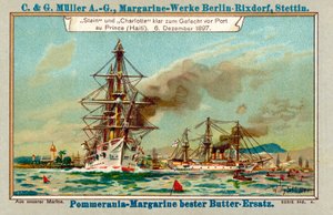 Saksalaiset sota-alukset Stein ja Charlotte Port au Prince Harbourissa Haitissa Ludersin tapauksen aikana 6. joulukuuta 1897 (chromolitho)