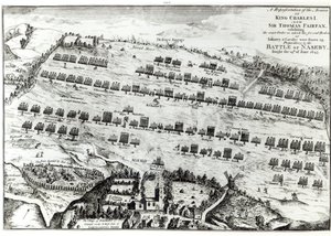 Valmistelu Nasebyn taisteluun, joka käytiin 14. kesäkuuta 1645, julkaissut John Mastinin julkaisussa The History and Antiquities of Naseby, 1792 tekijältä Streeter