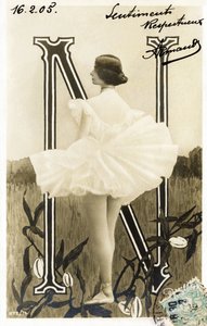 N: Cleopatre Diane de Merode, nimeltään Cleo de Merode, tanssija la Belle Epoquesta, koulutettu Opera de Paris -teatterissa - Theater des Folies Bergere, Pariisi - Aakkoset postikortissa