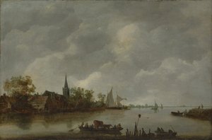 Näkymä joelle ja kyläkirkko. tekijältä Style of Jan van Goyen