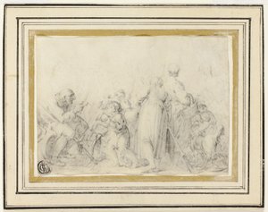 Genre-kohtaus, jossa on vanha mies, talonpoikaisnaisia ja lapsia tekijältä Style of Jean Baptiste Greuze