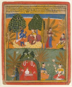 Krishna e Radha com seus confidentes: página de um Gita Govinda disperso, ca. 1655-60. finlandês tekijältä Style of Manohar