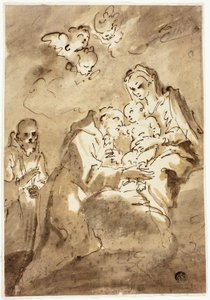 Pyhän Franciscuksen palvoma Madonna ja lapsi tekijältä Style of Pietro Novelli