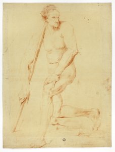 Akateeminen mies alasti nojaamassa henkilökuntaan tekijältä Style of Pompeo Girolamo Batoni