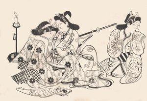 Samurai ja kurtisaani istuvat, palvelija heidän vieressään, n. 1685, n. 1685.