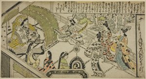 Yoshitsunen kohtaaminen prinsessa Jorurin kanssa, kirjasta "The Tale of Joruri in Twelve Episodes (Joruri Junidan Zoshi)".