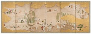 Piknikretkeily kirsikankukkien alla ja
Boating on the River, 1700-luvun puoliväli (Kuusiruutuinen kuvaruutupari; tussi, väri ja kulta).
paperille) tekijältä Sukenobu Nishikawa