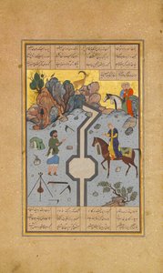 Farhad veistää maitokanavan Shirinille, Folio 74 Khamsa Quintetistä..., A.H. 931A.D. 1524-25. Tekijät: Sultan Muhammad Nur, Mahmud Muzahhib, Shaikh Zada. tekijältä Sultan Muhammad Nur, Mahmud Muzahhib, Shaikh Zada