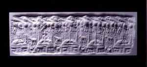 Hinahawakang cylinder seal impression, Uruk (ngayon Warka, Iraq), c.3300-3000 BC (plaster)finn