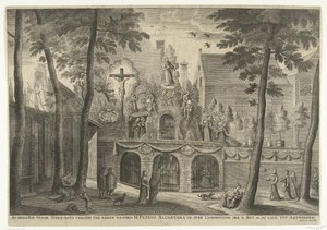 Antwerpeniin pystytetty tähti, kun Pietari Alcantara julistettiin pyhäksi vuonna 1669 Kuvaus kivikalliosta Pyhän Pietarin Alcantaran kunniaksi kanonisaatiossa X. syyskuuta. MDCLXIX Antwerpeniin (otsikko esineessä) tekijältä Susanna Verbruggen (possibly)
