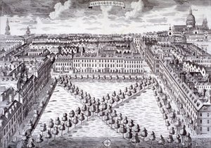 Lintuperspektiivistä Charterhouse Square, Finsbury, Lontoo, c1750 tekijältä Sutton Nicholls