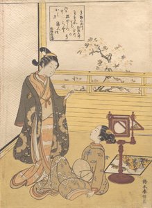 Teinipoika ja -tyttö katsojalla optiseen kuvaan Nozoki-karakuri, Kobo Da..., n. 1788. tekijältä Suzuki Harunobu