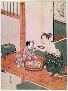 Alaston äiti pesemässä lastaan Japanissa lähellä vedellä täytettyä altaan. Haronobu Suzukin vedokset (1725-1770). 1766-1768. Himmeä. 0,27x0,201 m. Pariisi, Guimetin museo, Aasian taiteen kansallinen museo