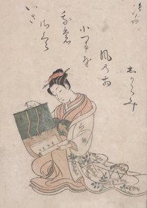 Beauty Unrolling Scroll, n. 1770 (värillinen puupiirros japanilaiselle paperille) tekijältä Suzuki Harunobu
