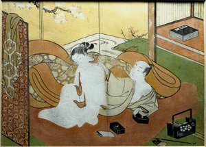 Pari rakastajaa makaa sisustuksessa, jossa on näyttö, kalligrafialaatikko Nishiki-e print (Nishiki e) Suzuki Harunobu (1725-noin 1770) 1765 noin. Aurinko. 20,6x27,8 cm Yksityinen kokoelma tekijältä Suzuki Harunobu
