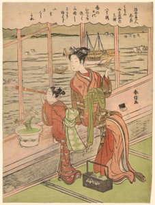 Kaksikukkainen kirsikka: Minami Yamasakiyan Motoura (Minami Yamasakiya uchi Motoura, Yaezakura), sarjasta "Kelluvan maailman kaunottaret kukkiin verrattuna (Ukiyo bijin hana ni yosu)" tekijältä Suzuki Harunobu
