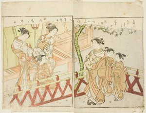 Kaksisivuinen kuvitus osasta Vol. 2 "Kevään brokaatien kuvakirja (Ehon haru no nishiki)" tekijältä Suzuki Harunobu