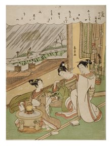 Muodikas 7 Komachis -Komachi Amagoi, n. 1772-1773 (puupainatus paperille) tekijältä Suzuki Harunobu