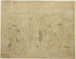 Avainlohkoprintti esittelyyn (Miai), ensimmäinen arkki sarjasta "Avioliitto Brocade Prints, the Carriage of the Virtuous Woman (Konrei nishiki misao-guruma)" tekijältä Suzuki Harunobu
